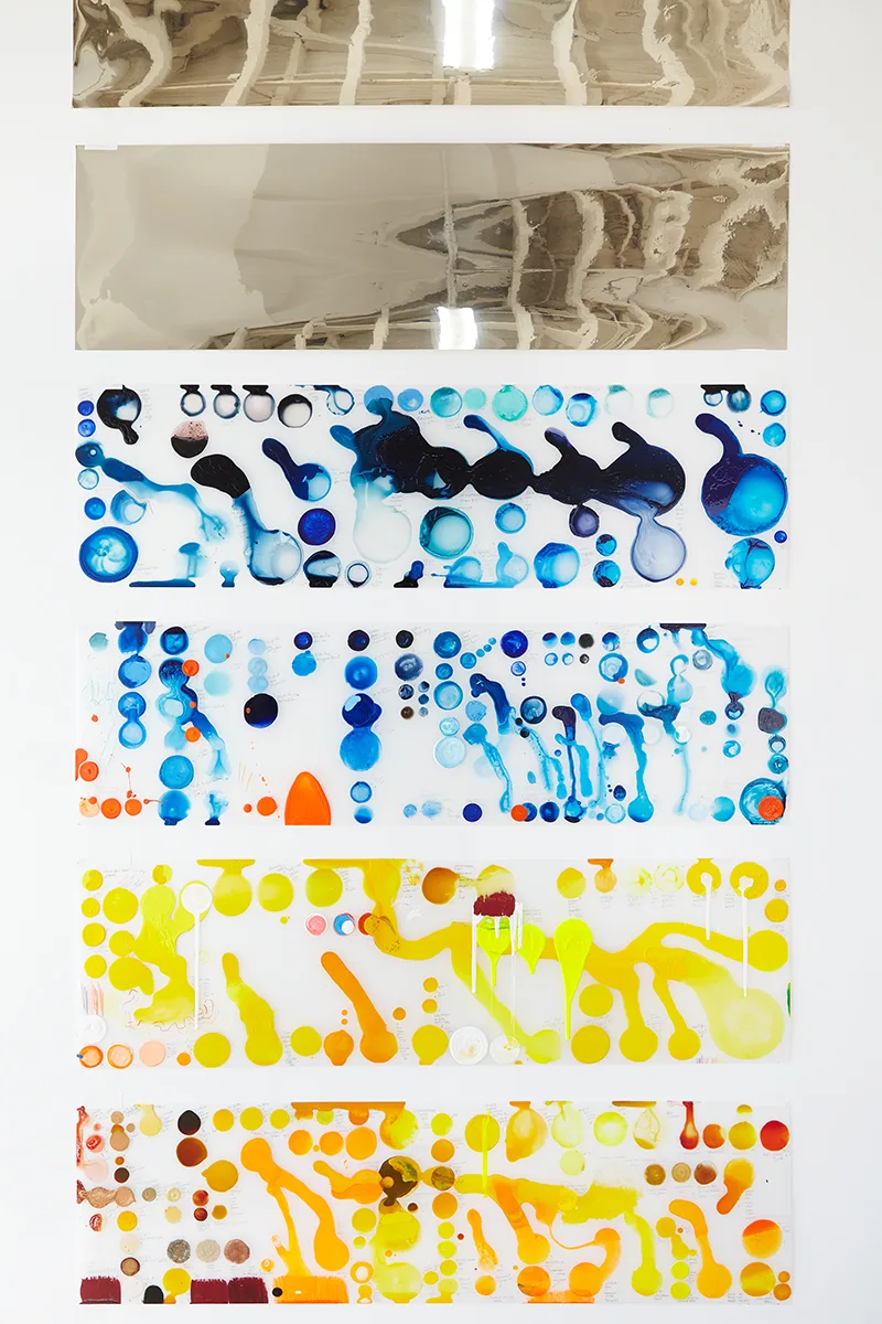 Nellie King Solomon Test Strips, 2015 acrylic, crystalina, flock and graphite on mylar, skyfuel 12 x 42 inches