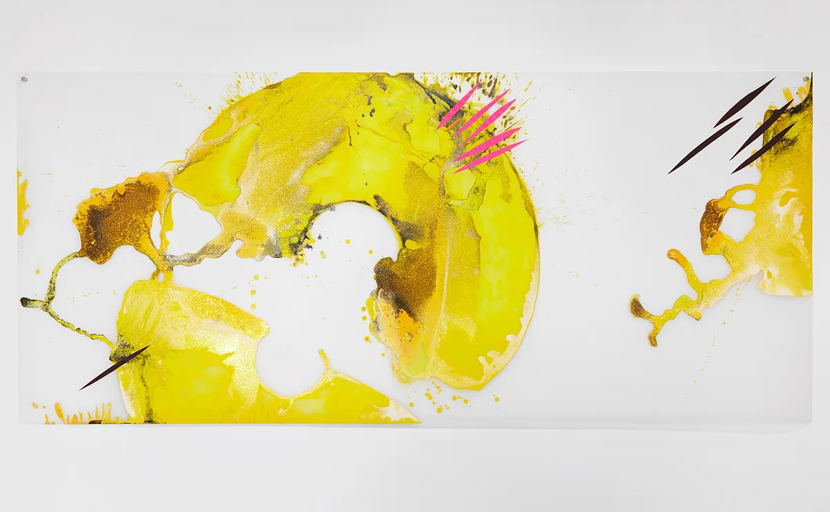 Nellie King Solomon Shrapnel, 2015 acrylic, crystalina, soda ash on mylar 42 x 96 inches