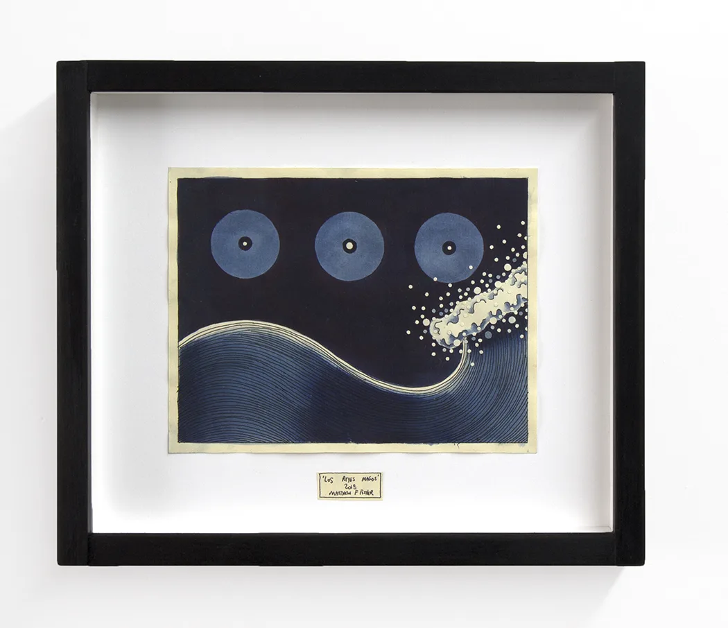 Los Reyes Magos, 2018, Matthew F Fisher, Ink and collage on paper 5 1/8 x 6 3/4 inches (unframed) 9 x 10 1/2 inches (framed)