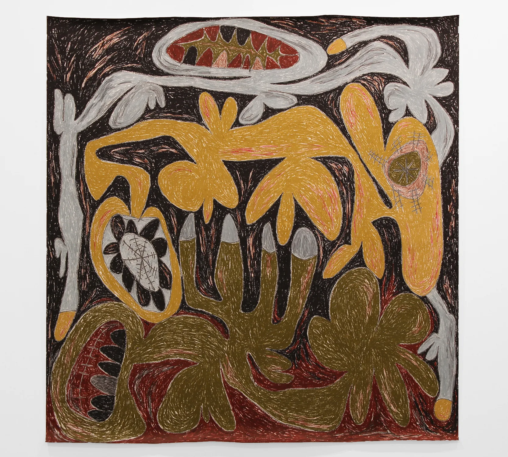 In the garden, behind the bushes, 2018 by Nasim Hantehzadeh, Oil pastel, color pencil, and graphite on paper 62 x 60 inches