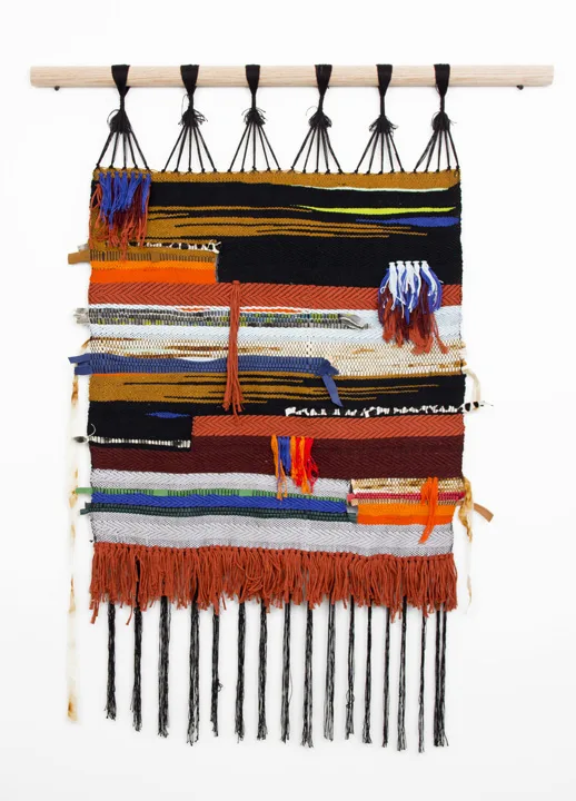 Lindsay Preston Zappas Fifth Weaving (Rust and Twill 2), 2016 Woven thread, leather, painted canvas, rust dyed fabric 29 X 48”