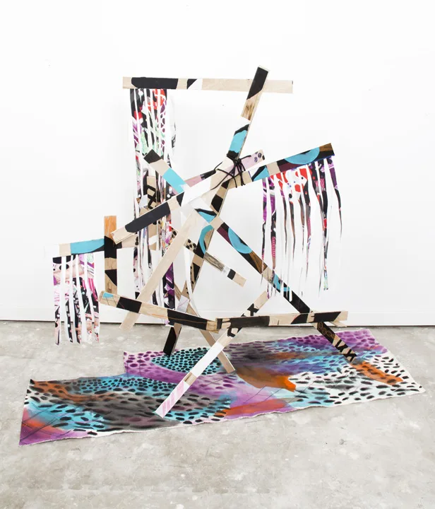 Lindsay Preston Zappas Set Proposal Sculpture, 2017 Plywood, paint, digital print on tyvek, rope, paint on canvas 57.5 x 32 x 42“