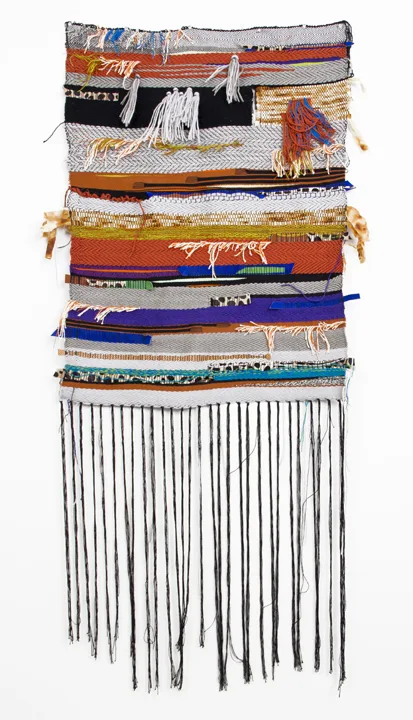 Lindsay Preston Zappas Fourth Weaving (Rust and Twill), 2016 Woven thread, rust dyed fabric and leather 29 x 52.5 inches