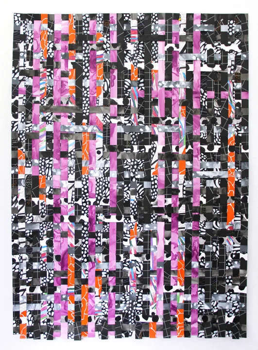 Lindsay Preston Zappas Paper Weave (Favorite Shirt), 2016 Acrylic and colored pencil on cut paper 43 x 60 inches