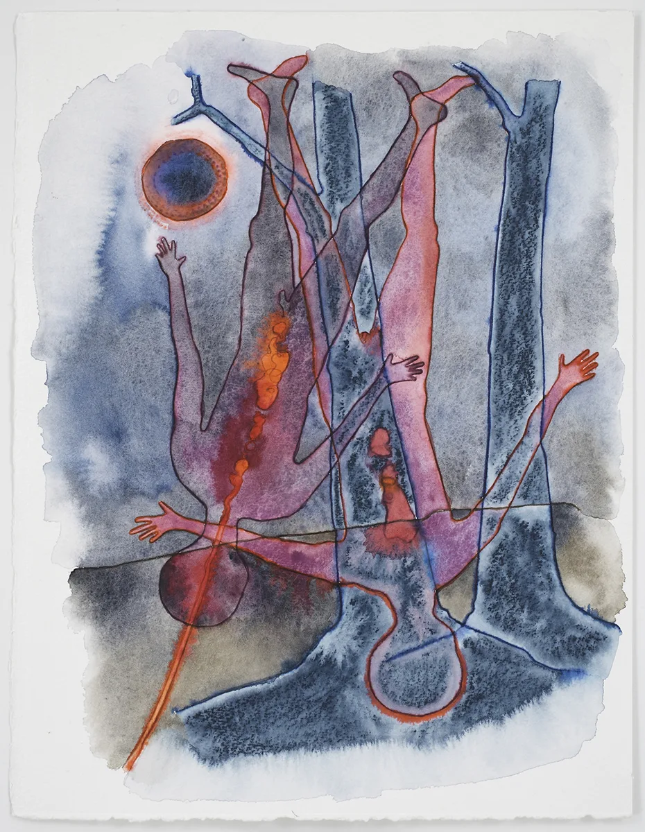 Two upside down figure by Katy Schimert, Ink, graphite, and watercolor on paper, 15 x 11.5 inches