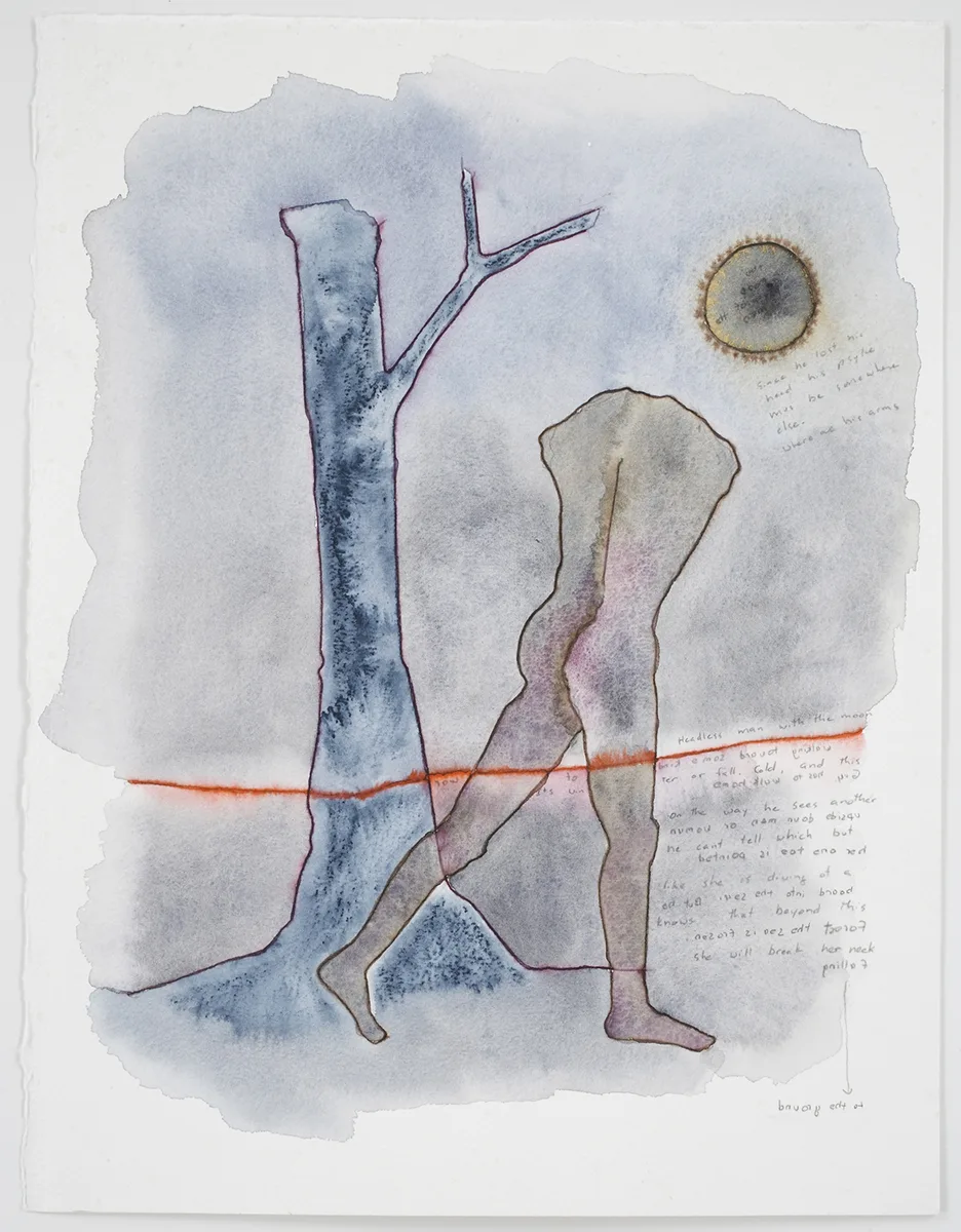 Headless man with the moon by Katy Schimert, Ink, graphite, and watercolor on paper, 15 x 11.5 inches
