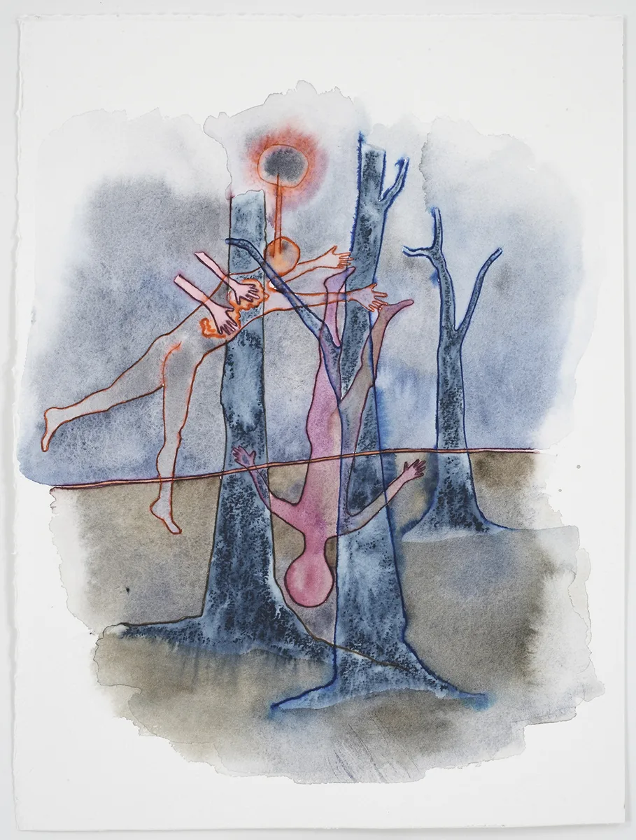 Person being chased with upside down figure by Katy Schimert, ink, graphite and watercolor on paper, 15 x 11.5 inches