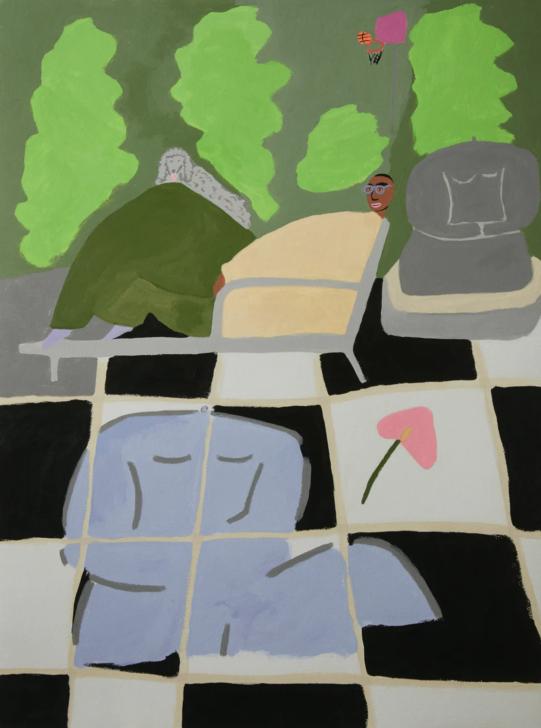 Courtside Courtyard by Lilian Martinez, acrylic on paper, 24 x 18 inches
