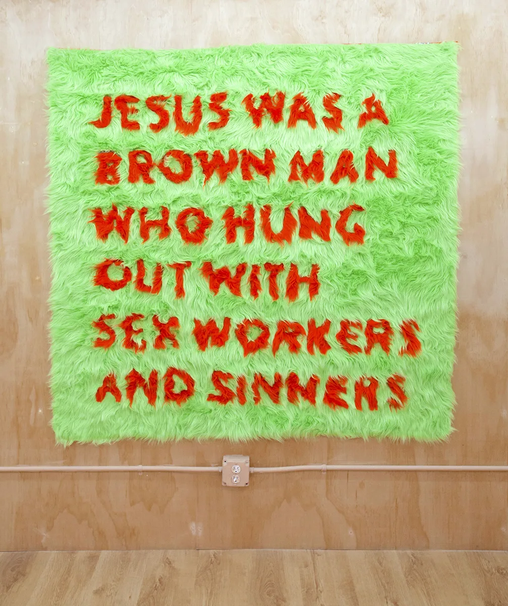 Brown Jesus by Areli Arellano, faux fur, 60x 60 inches
