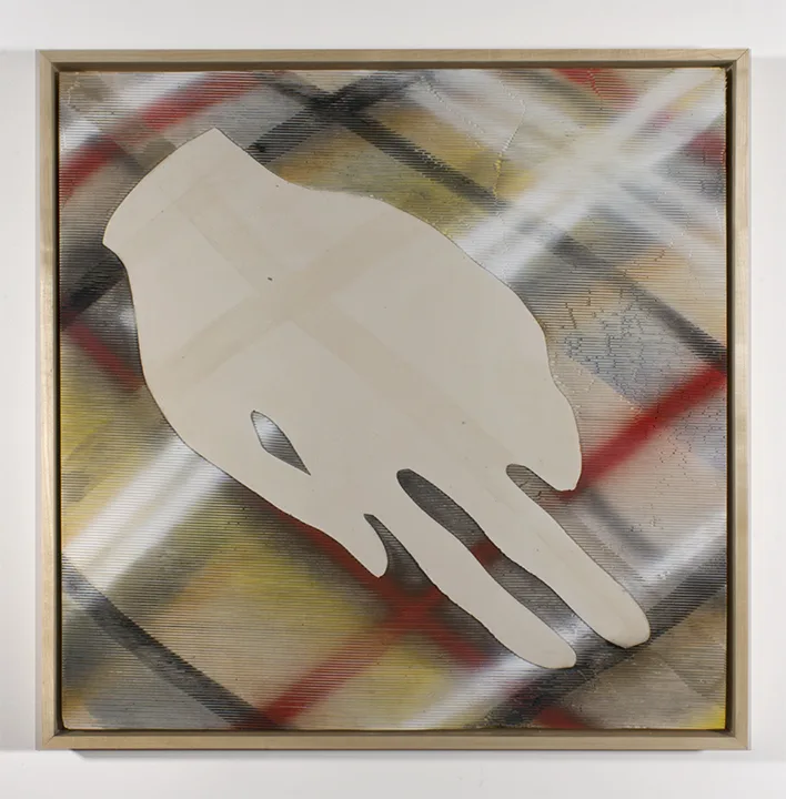 Handless (Plaid Motif) 2016 by Erin Morrison Gouache, ink and wax on hydrocal, maple frame 27 ¾ x 27 ¾”