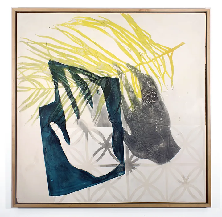 Handless (Feather) 2016 by Erin Morrison Oil and wax on hydrocal, maple frame 50 ⅜ x 50 ¾”