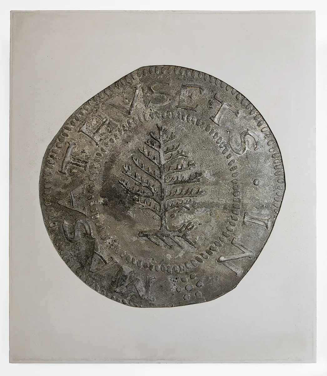 Pine Tree Shilling by Erin Morrison, Oxidized silver leaf and enamel on gypsum cement, 60 x 52 inches
