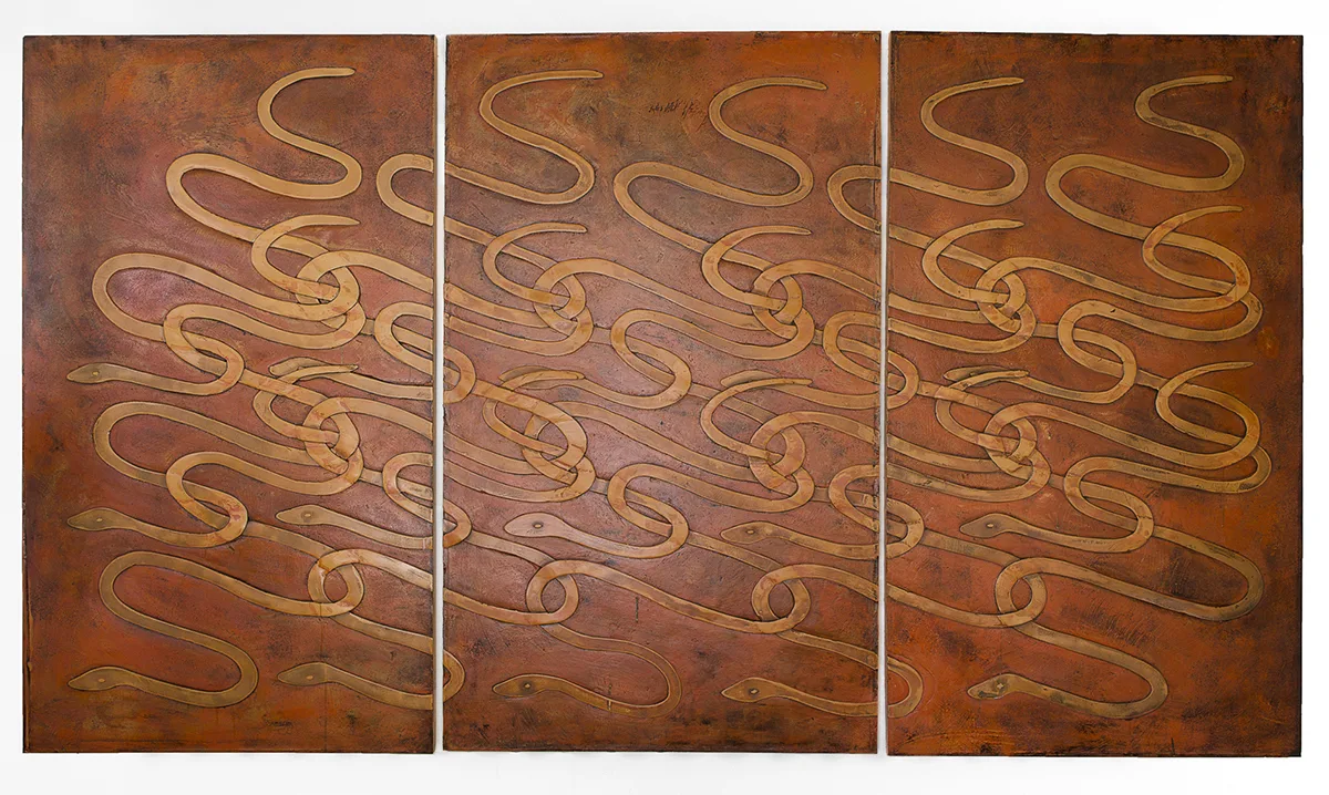 Gorgon by Erin Morrison, Enamel and acrylic on gypsum cement, 72 x 124 inches (triptych) (dimensions variable)