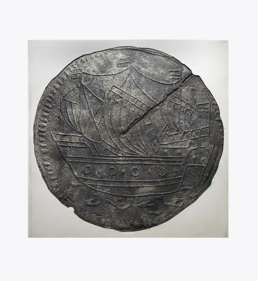 Sommer Islands Hogge Money token by Erin Morrison, Oxidized metal leaf and enamel on gypsum cement, 39.75 x 59.5 inches