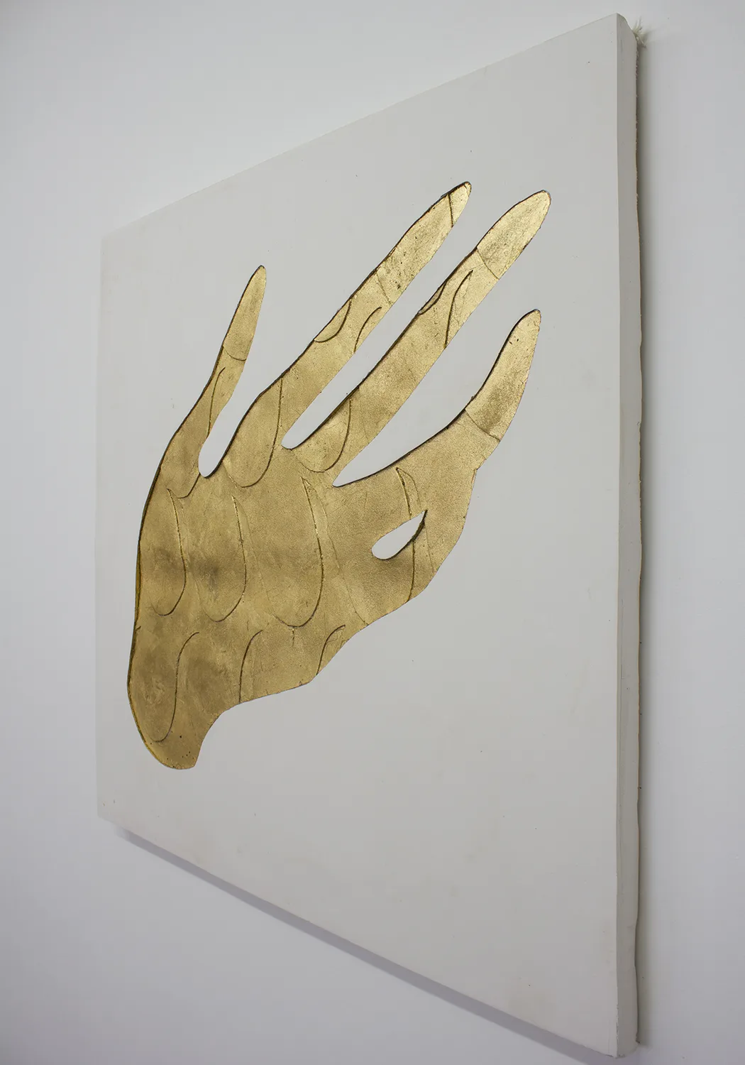 Side view of Ecstasy, 1, 2017 by Erin Morrison, Enamel and metal leaf on gypsum cement 32.5 x 32.5 inches