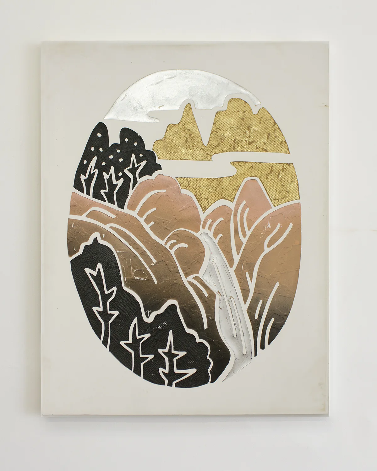 Landscape Pendant, 1, 2017 by Erin Morrison, Enamel, metal leaf and resin on gypsum cement 41 x 53.5 inches