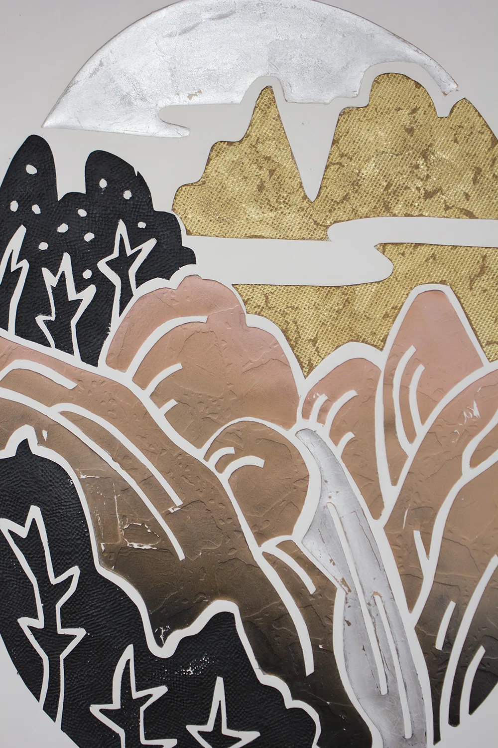 Detail of Landscape Pendant, 1, 2017 by Erin Morrison, Enamel, metal leaf and resin on gypsum cement 41 x 53.5 inches