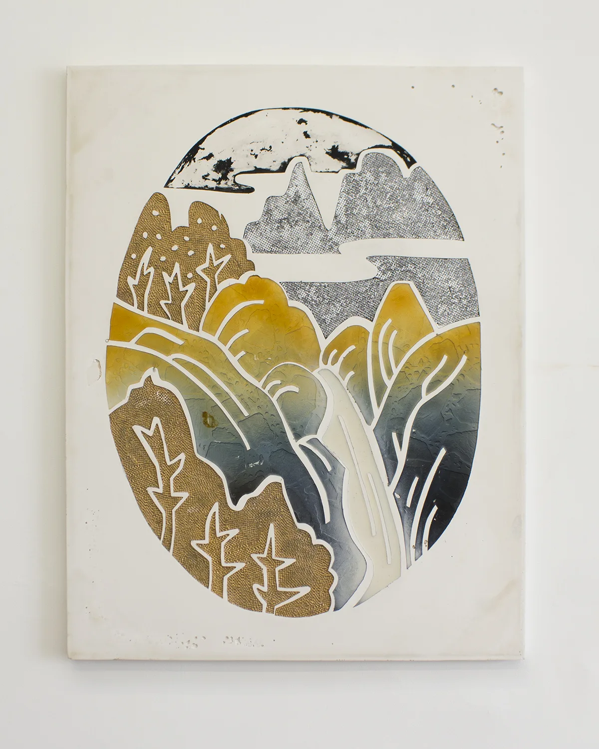 Landscape Pendant, 2, 2017 by Erin Morrison, Enamel and metal leaf on gypsum cement 41 x 53.5 inches