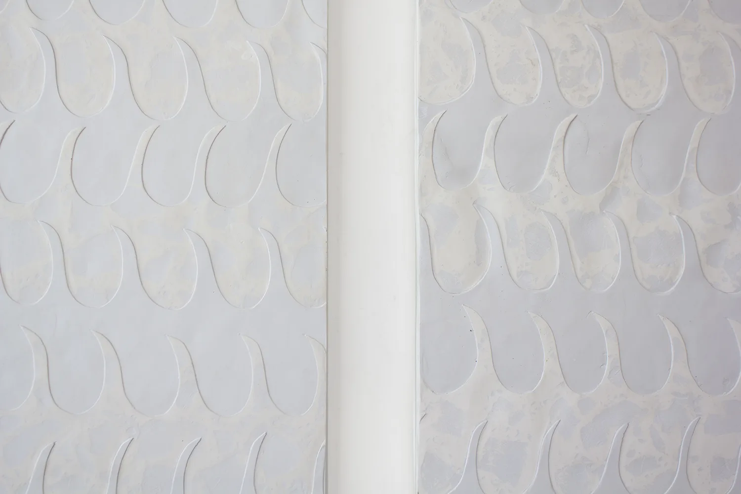 Detail of The Letdown, 2017 by Erin Morrison, Enamel on gypsum cement 33.5 x 87 inches (Two Panels)