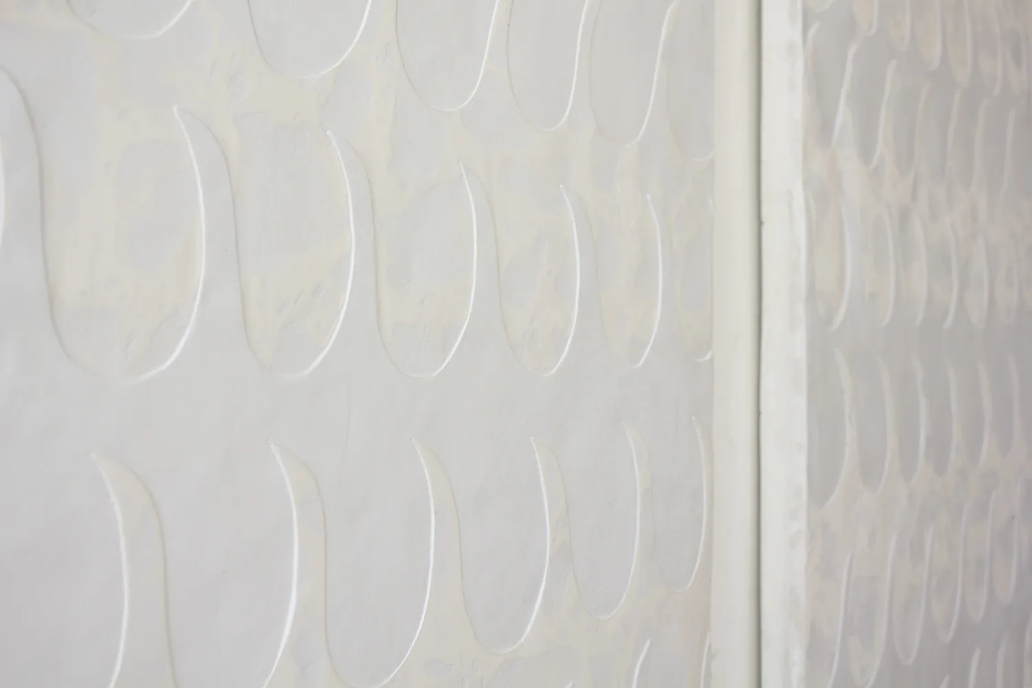 Detail of The Letdown, 2017 by Erin Morrison, Enamel on gypsum cement 33.5 x 87 inches (Two Panels)