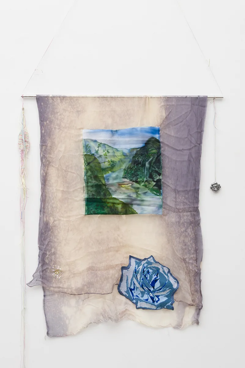 Victoria Duffee Agatha, 2017 India ink on silk, embroidered denim, handwoven nylon, and cast aluminum 36 x 24 inches