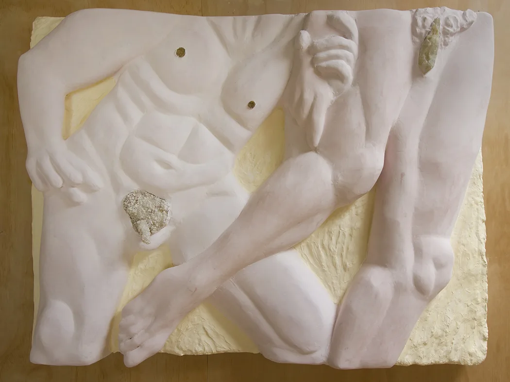 Flying Nudes, 2018 by Cara Chan, Cave calcite, quartz stalactite slices, citrine, venetian plaster, pigment, hydrocal, celluclay, carved foam, wood, 32 x 40 x 5 inches
