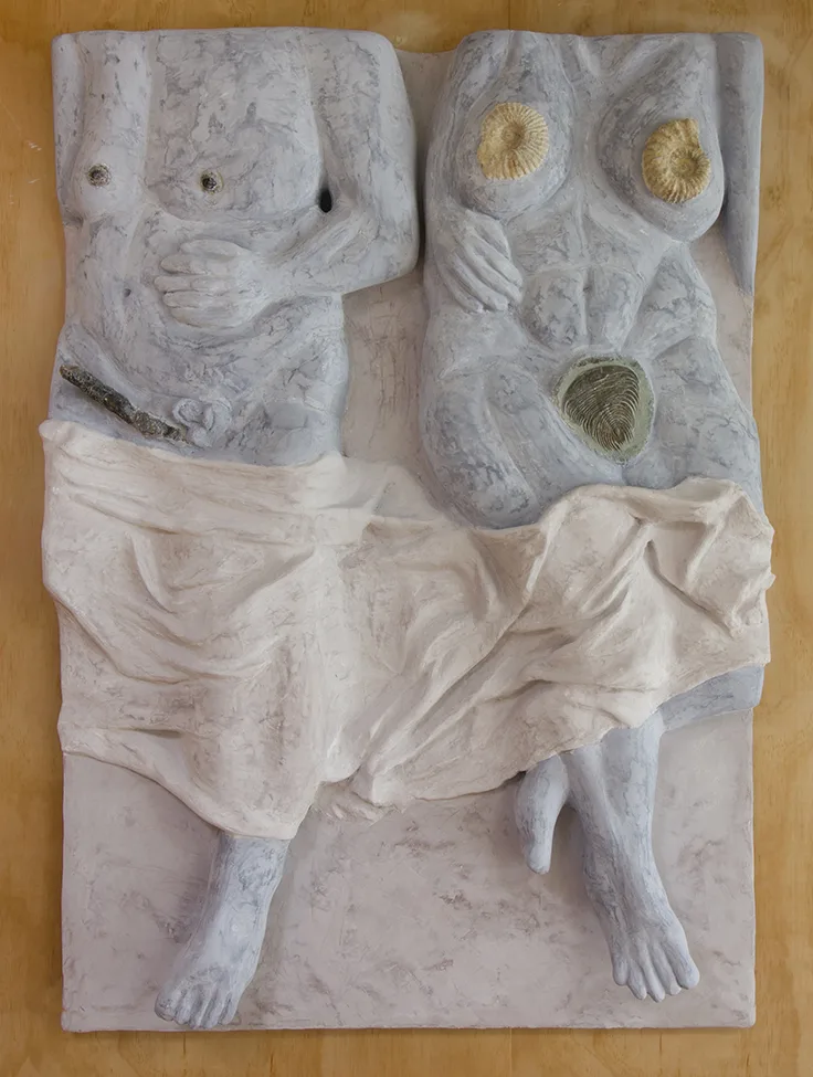 Sleeping Positions, 2018 by Cara Chan, trilobites, ammonite, unidentified fossil (Morocco), Venetian plaster, pigment, fiberglass resin, hydrocal, celluclay, carved foam, wood, 66 x 48 x 6 inches