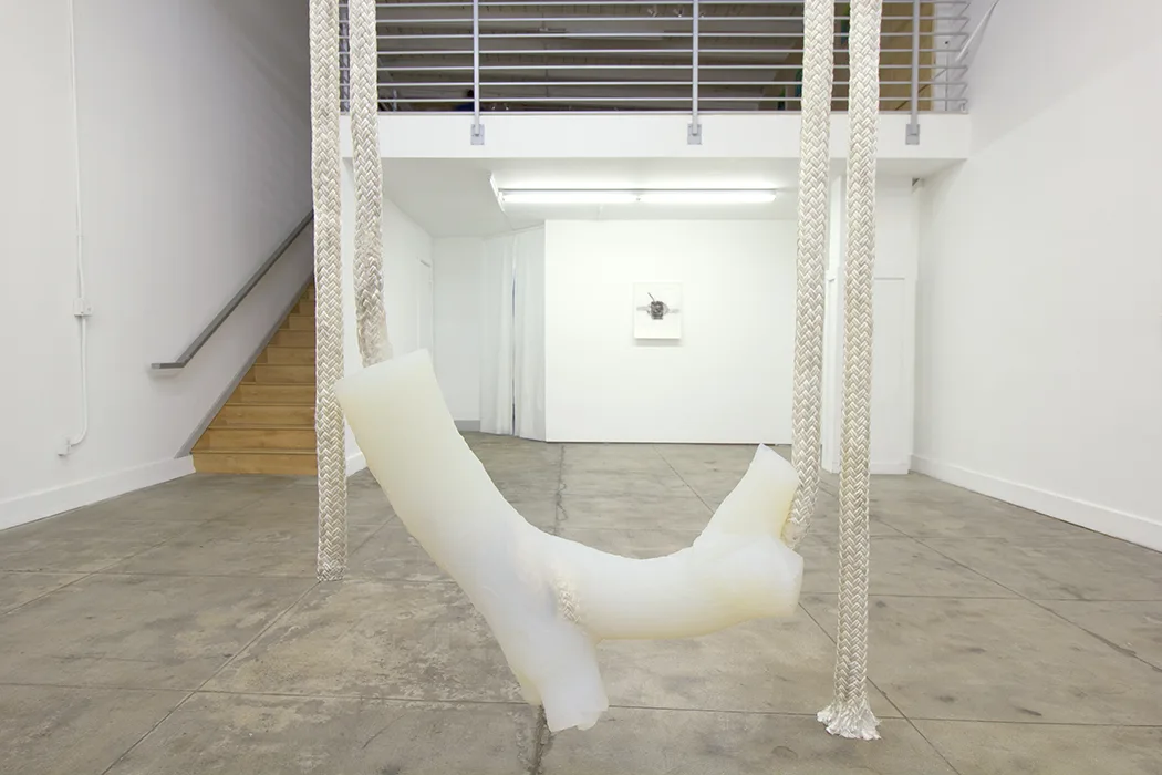 Chariot, 2018 by Camille Schefter, Platinum silicone and dock line 162 x 54 x 10 inches (variable)