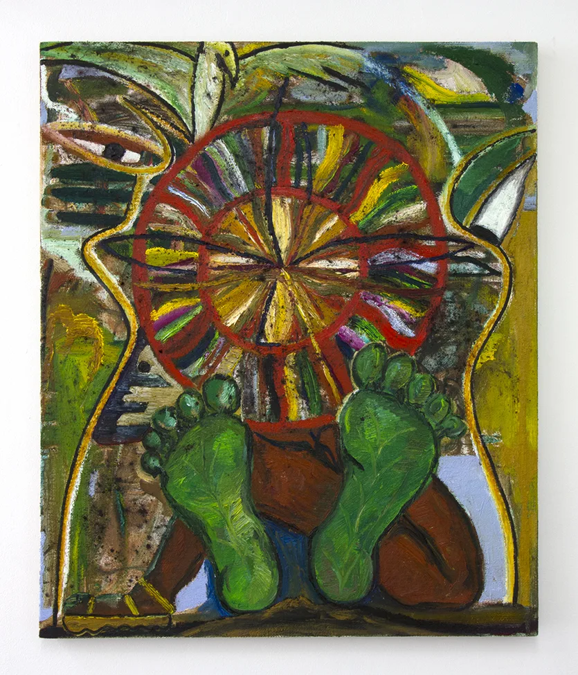 Back tracker with earth feet, 2019 by Daniel Gibson, Oil and cochineal on linen, 36 x 30 inches