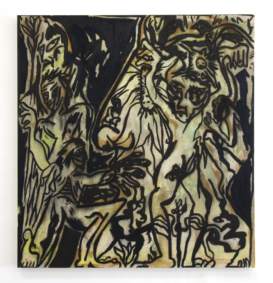 Cleaning House, 2019 by Daniel Gibson, Oil, ink and clay on canvas, 60 x 56 inches