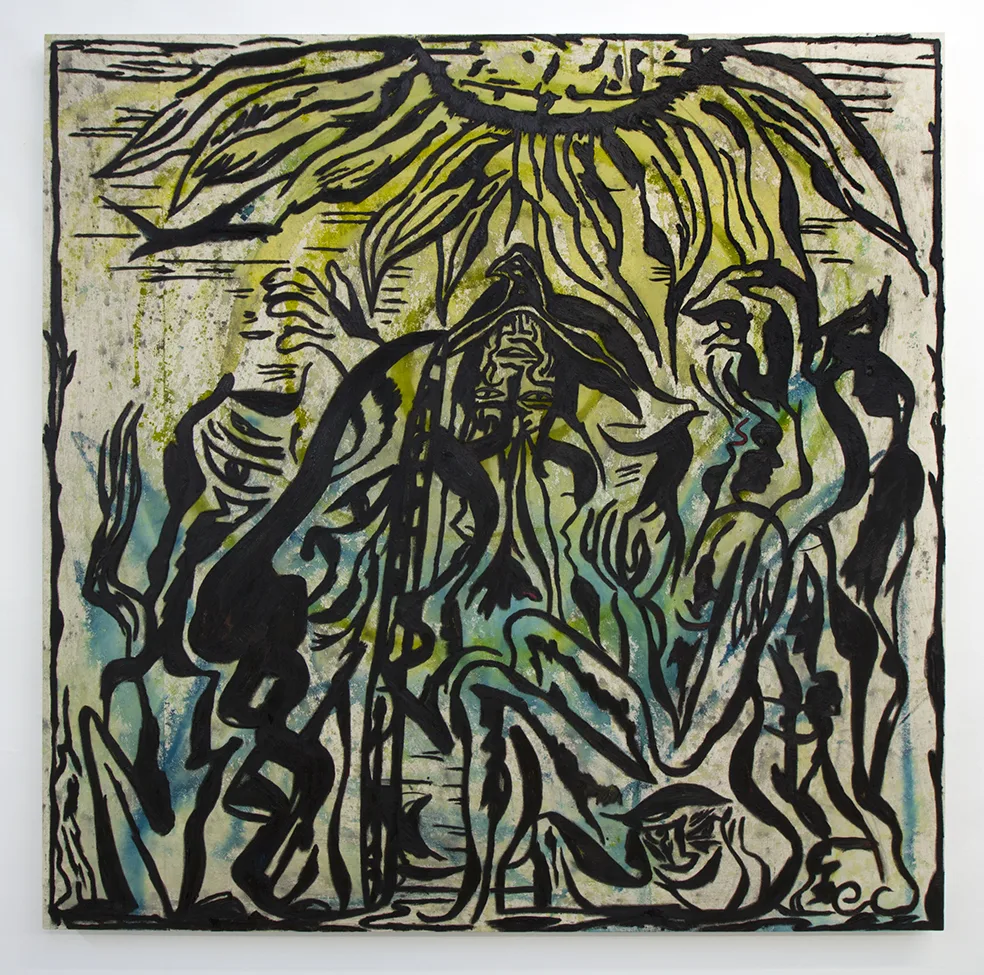 Earthlings II, 2019 by Daniel Gibson, Oil, ink and clay on canvas, 71 ½ x 71 ½ inches