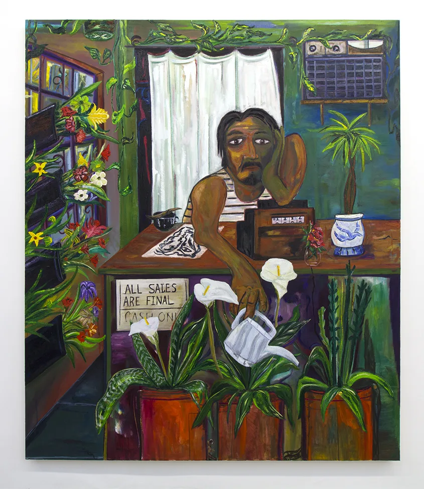 Living in a flower shop, 2019 by Daniel Gibson, Oil on canvas 84 x 72 inches