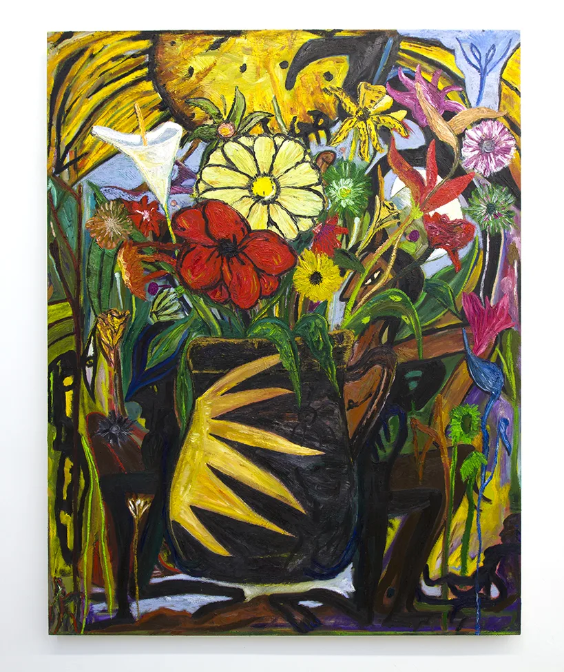 workers picking flowers, 2019 by Daniel Gibson, Oil on canvas, 72 ¼ x 56 ½ inches