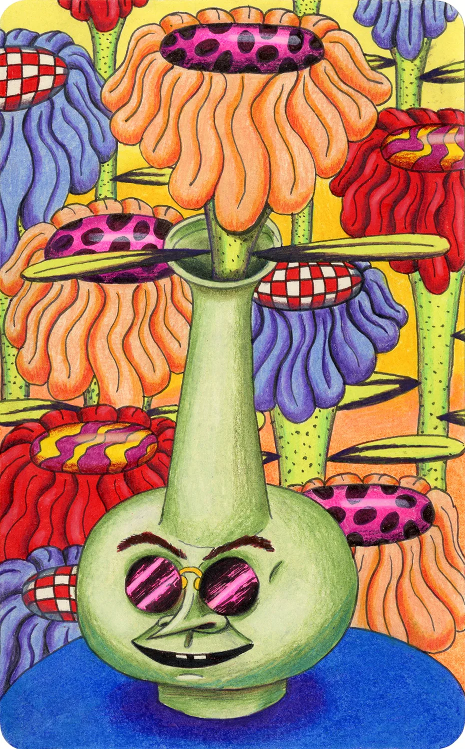 Drugs, 2017 by Ben Sanders, Ink and colored pencil on paper 8.25 x 5 inches 10 x 7 inches framed