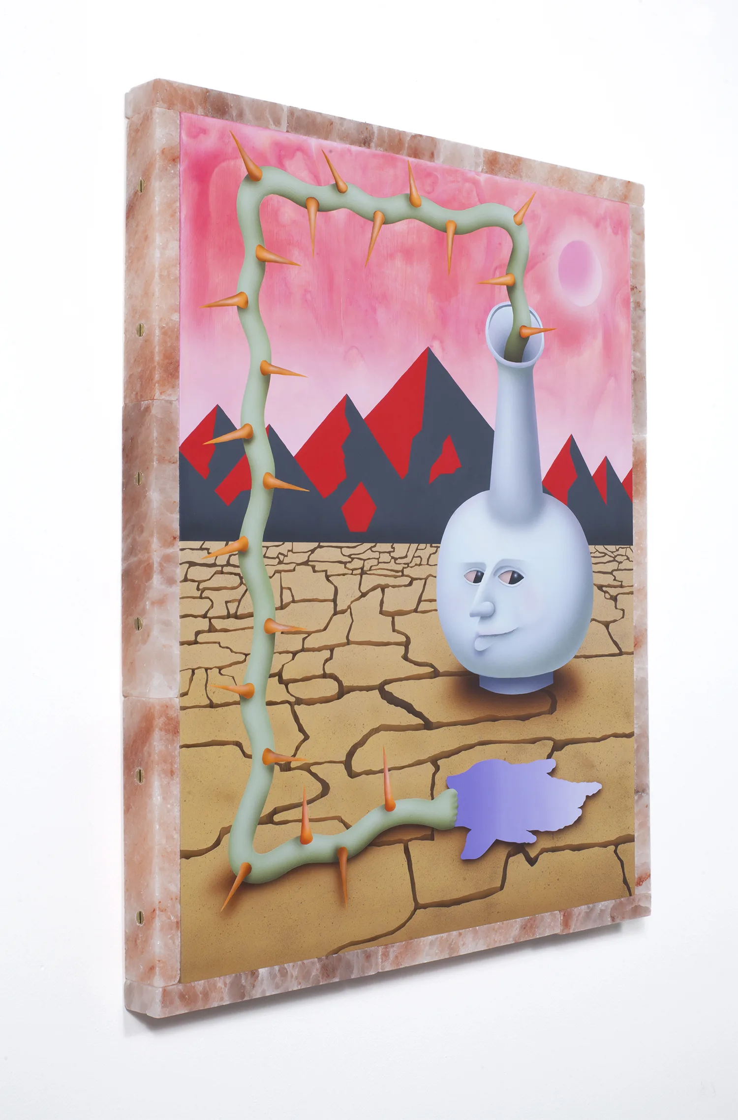 The Know-It-All, 2016-2017 Acrylic, flashe, and oil on panel, Himalayan pink salt frame, brass hardware 32 x 26 inches