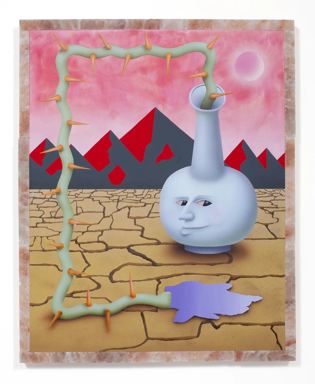 The Know-It-All, 2016-2017 Acrylic, flashe, and oil on panel, Himalayan pink salt frame, brass hardware 32 x 26 inches