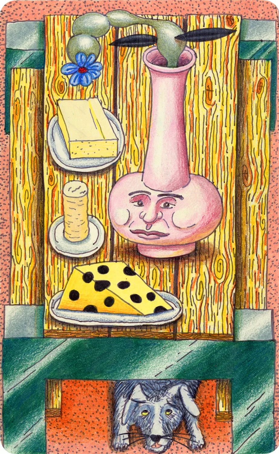 Study for “The Table”, 2016 by Ben Sanders, Ink and colored pencil on paper 8.25 x 5 inches 10 x 7 inches framed