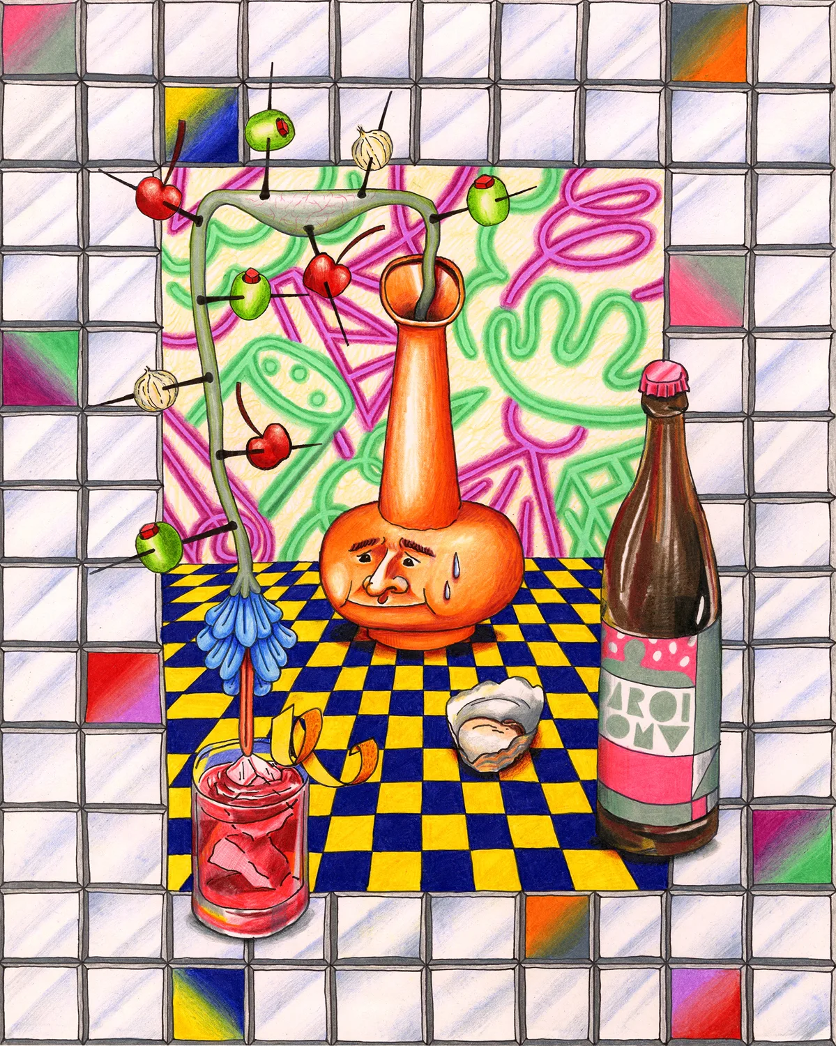 Study for “The Kiss”, 2016 by Ben Sanders, Ink and colored pencil on paper 15 x 12 inches 17 x 14 inches framed