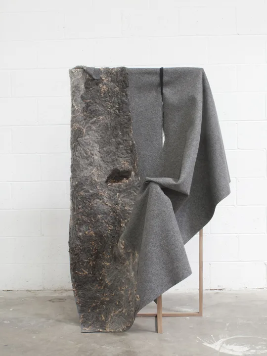 Ariel Herwitz It’s been a long one, 2015 Walnut, wool, felt, yarn 62.5 x 40 x 20 inches