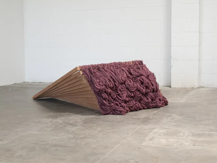 Ariel Herwitz Complimentary close, 2016 Yarn, mahogany, copper 55 x 40 x 18 inches