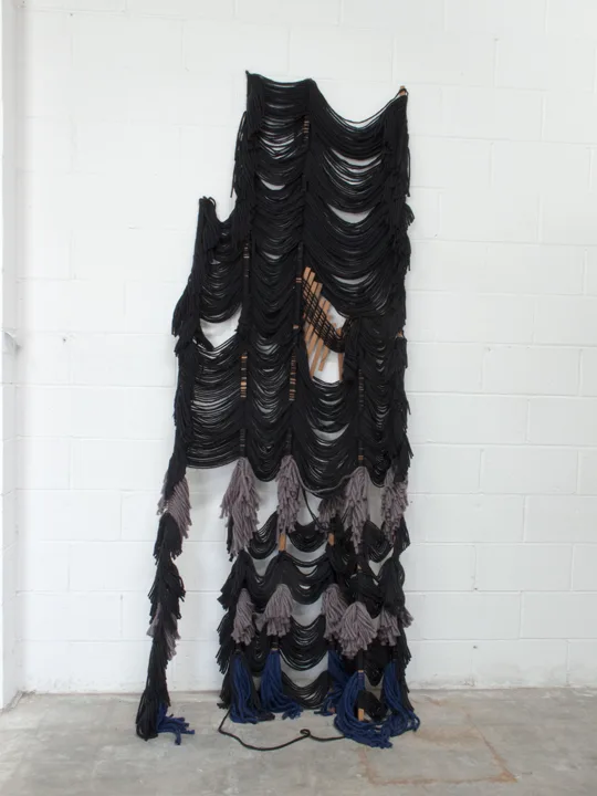 Ariel Herwitz The tough decisions, 2016 Walnut, yarn 97 x 36 x 19 inches