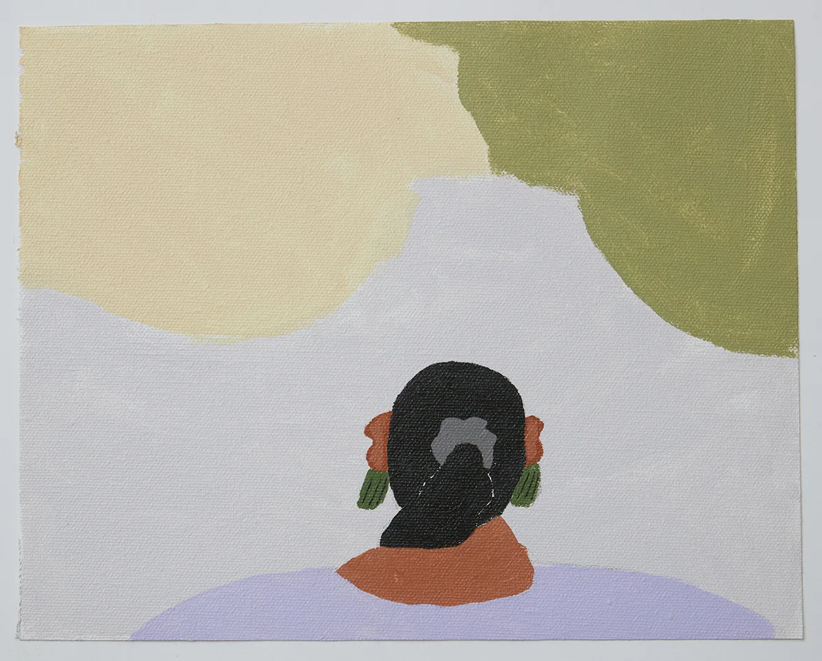 Woman Looking At Mountain by Lilian Martinez, acrylic on flat canvas, 8 x 10 inches