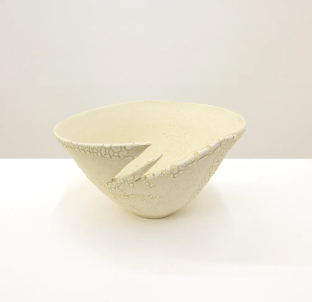A ceramic that shows a cracked surfaces resembling reptilian scales or lichen.
