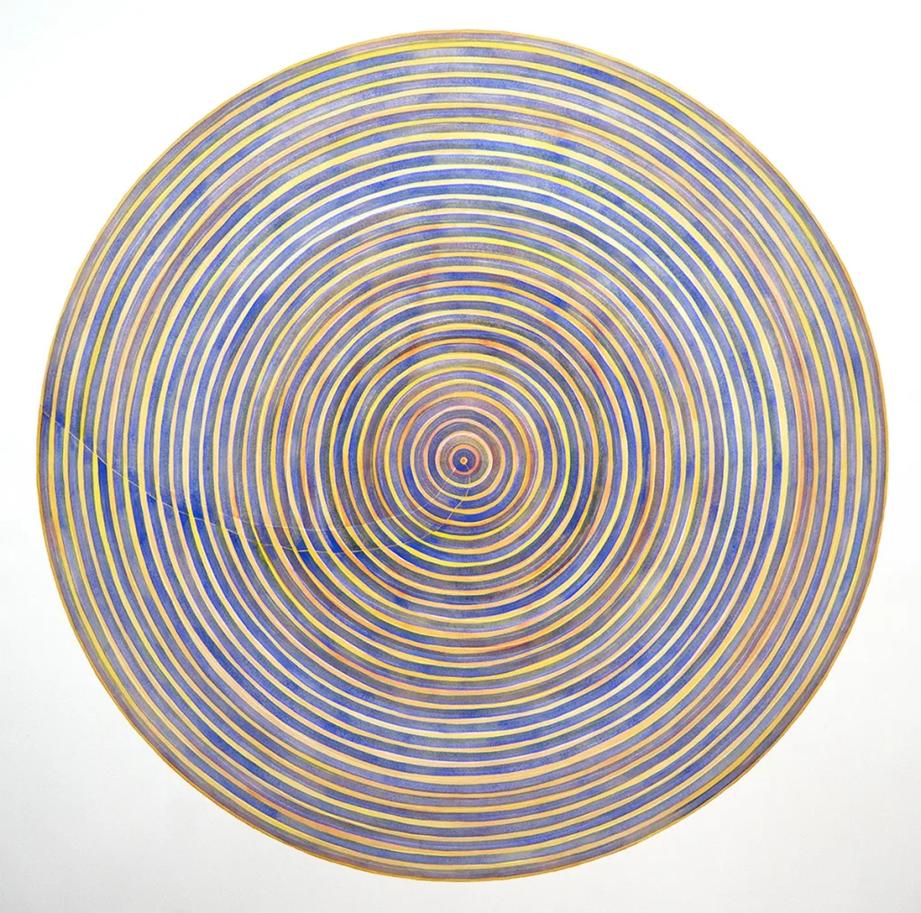 A painting that represents a study in color processization. Using the premise of painting exclusively with primary colors - the traditional primaries of red, blue and yellow painted in a circular and ordered pattern of layers - striking differences, depths and a range of colors are created