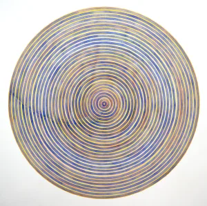 A painting that represents a study in color processization. Using the premise of painting exclusively with primary colors - the traditional primaries of red, blue and yellow painted in a circular and ordered pattern of layers - striking differences, depths and a range of colors are created