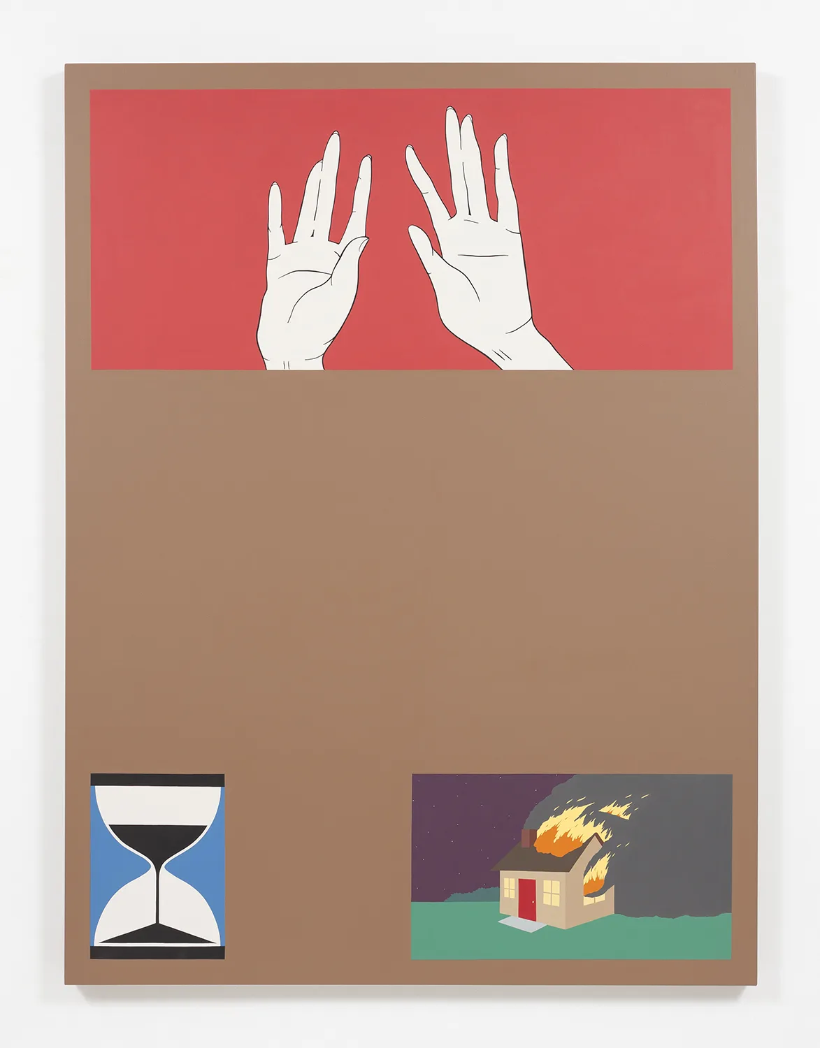 A painting that shows a human hands, hourglass and a house that is on fire