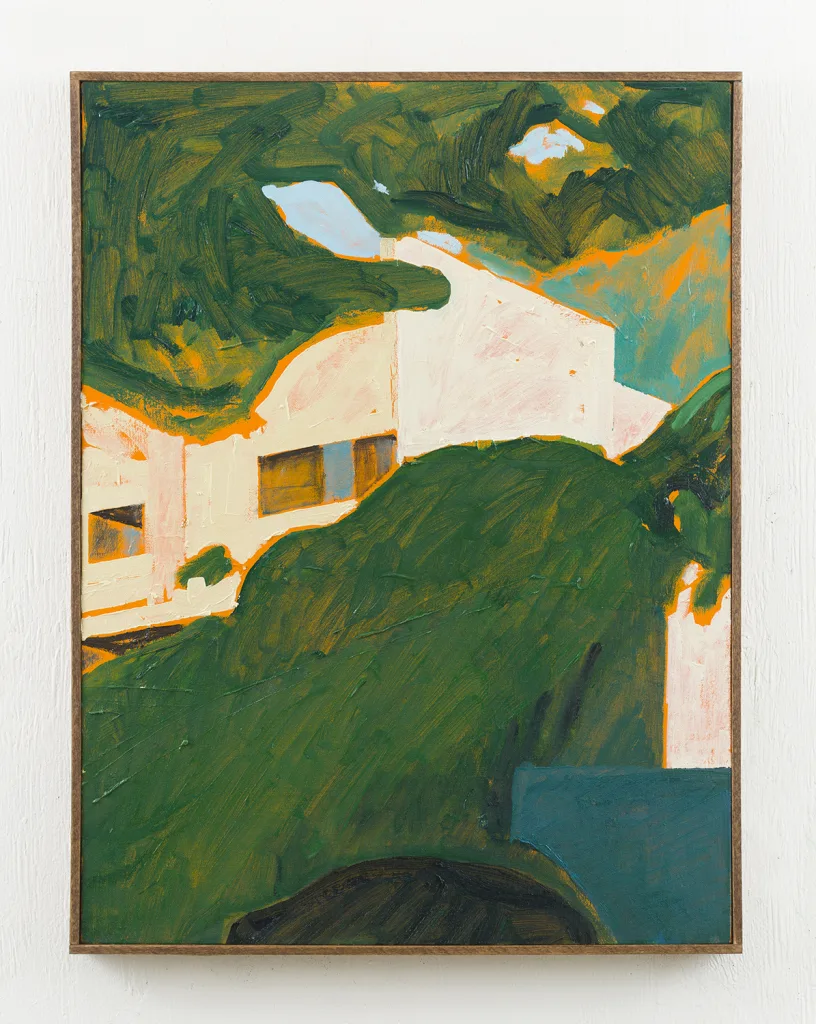 A painting of an outside of a house