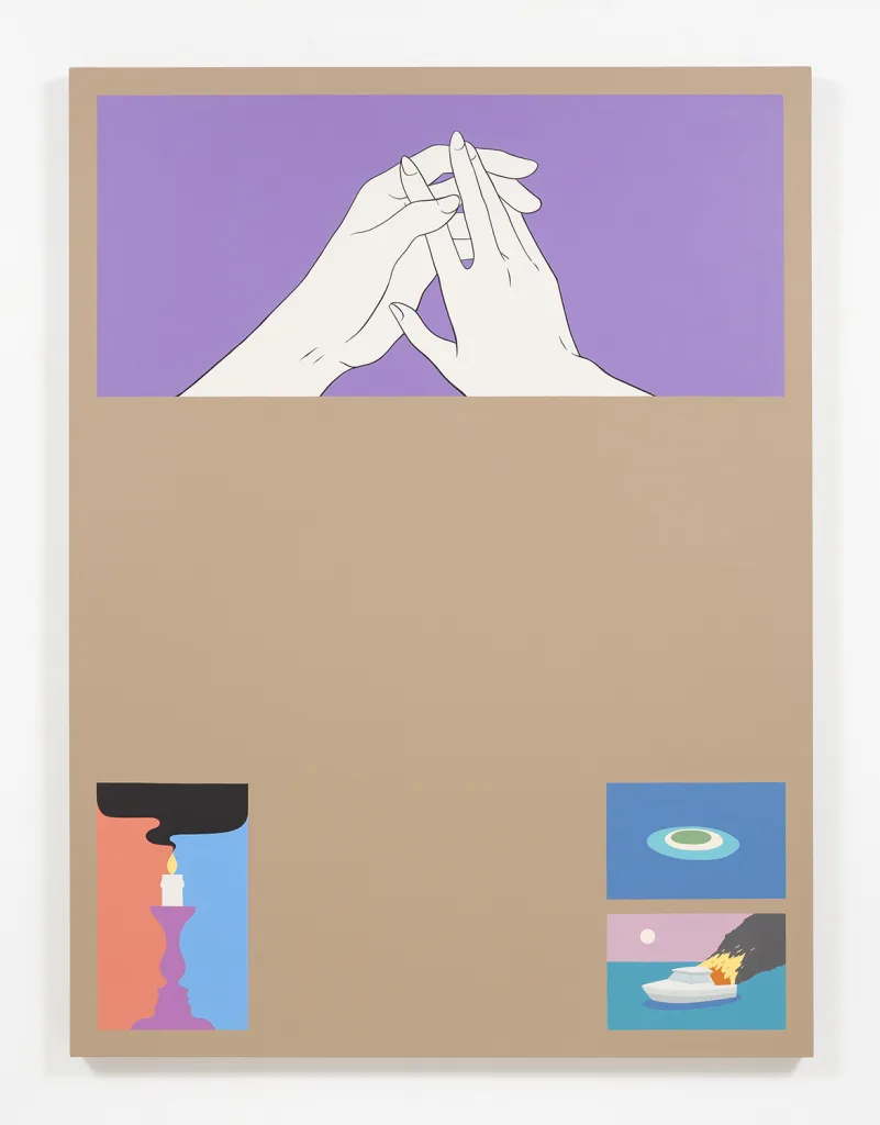 A painting that shows a human hands, a lighted candle, an island and a boat that is on fire