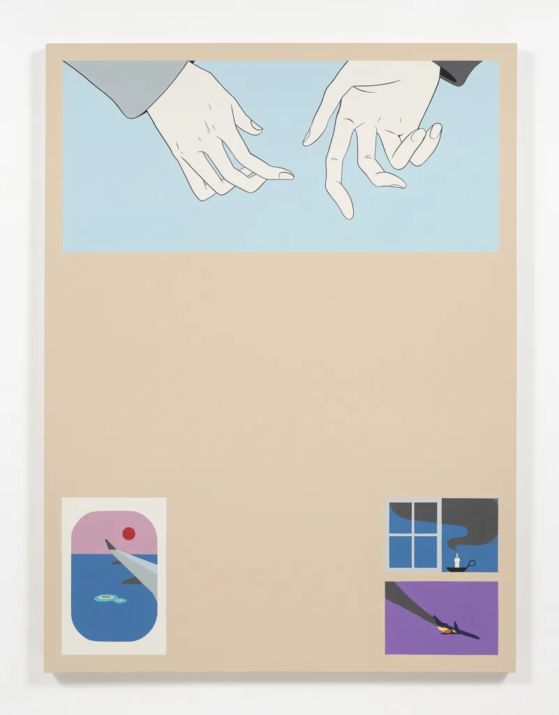 A painting that shows a human hands, a view from the airplane window, a lighted candle that is placed near the window and a plane that is about to crash