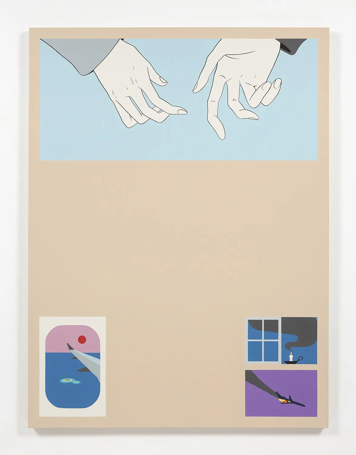 A painting that shows a human hands, a view from the airplane window, a lighted candle that is placed near the window and a plane that is about to crash